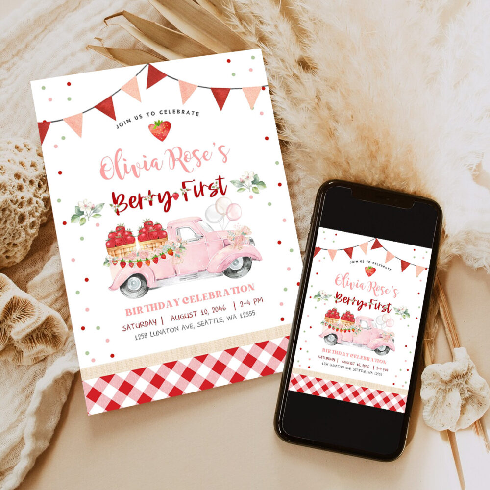 editable 1st berry first strawberry birthday invitation photo berry sweet strawberry truck invite invites 6