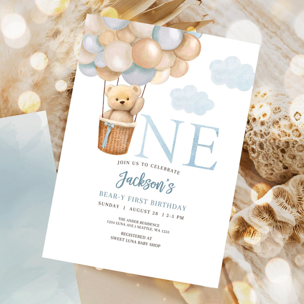 editable 1st birthday boy teddy bear hot air balloon birthday invitation beary 1st birthday invite printable 1