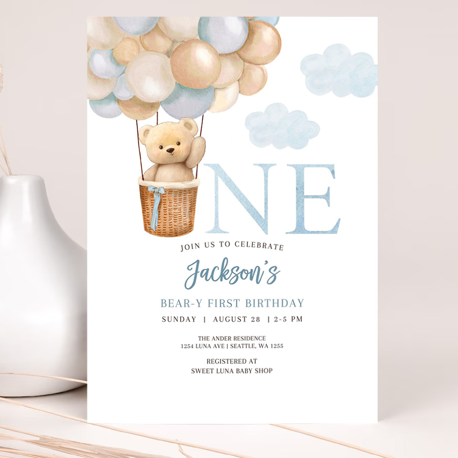 editable 1st birthday boy teddy bear hot air balloon birthday invitation beary 1st birthday invite printable 2