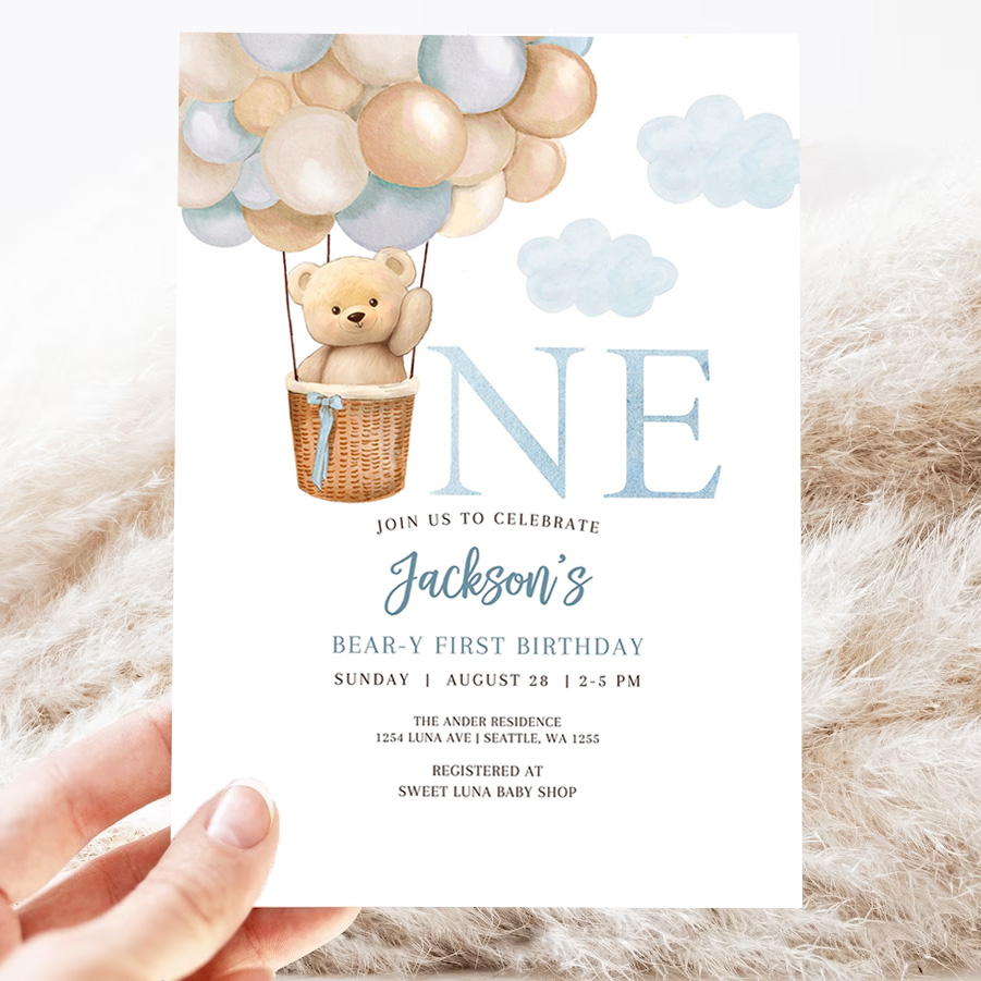 editable 1st birthday boy teddy bear hot air balloon birthday invitation beary 1st birthday invite printable 3