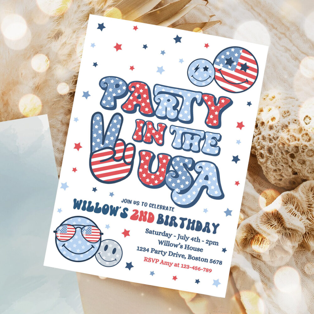editable 4th of july birthday party invitation retro groovy party in the usa invite red white and groovy birthday party 1