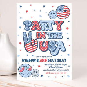 editable 4th of july birthday party invitation retro groovy party in the usa invite red white and groovy birthday party 2
