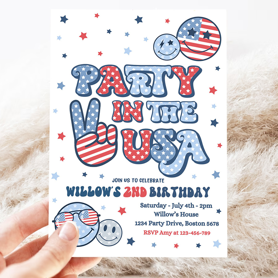 editable 4th of july birthday party invitation retro groovy party in the usa invite red white and groovy birthday party 3