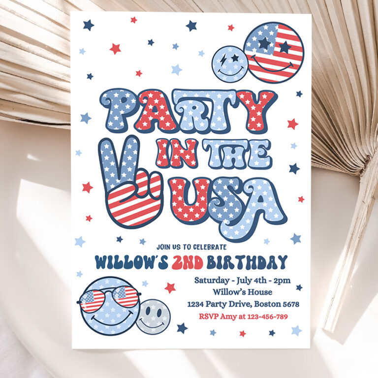 editable 4th of july birthday party invitation retro groovy party in the usa invite red white and groovy birthday party 5