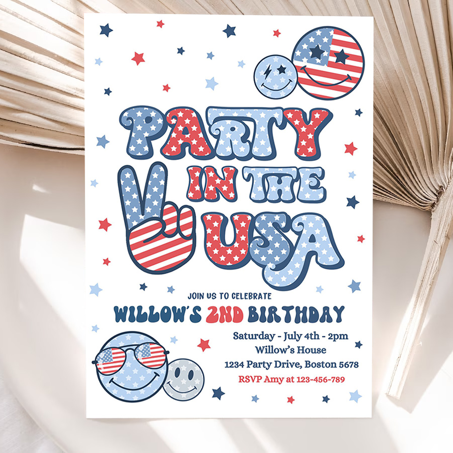 editable 4th of july birthday party invitation retro groovy party in the usa invite red white and groovy birthday party 5