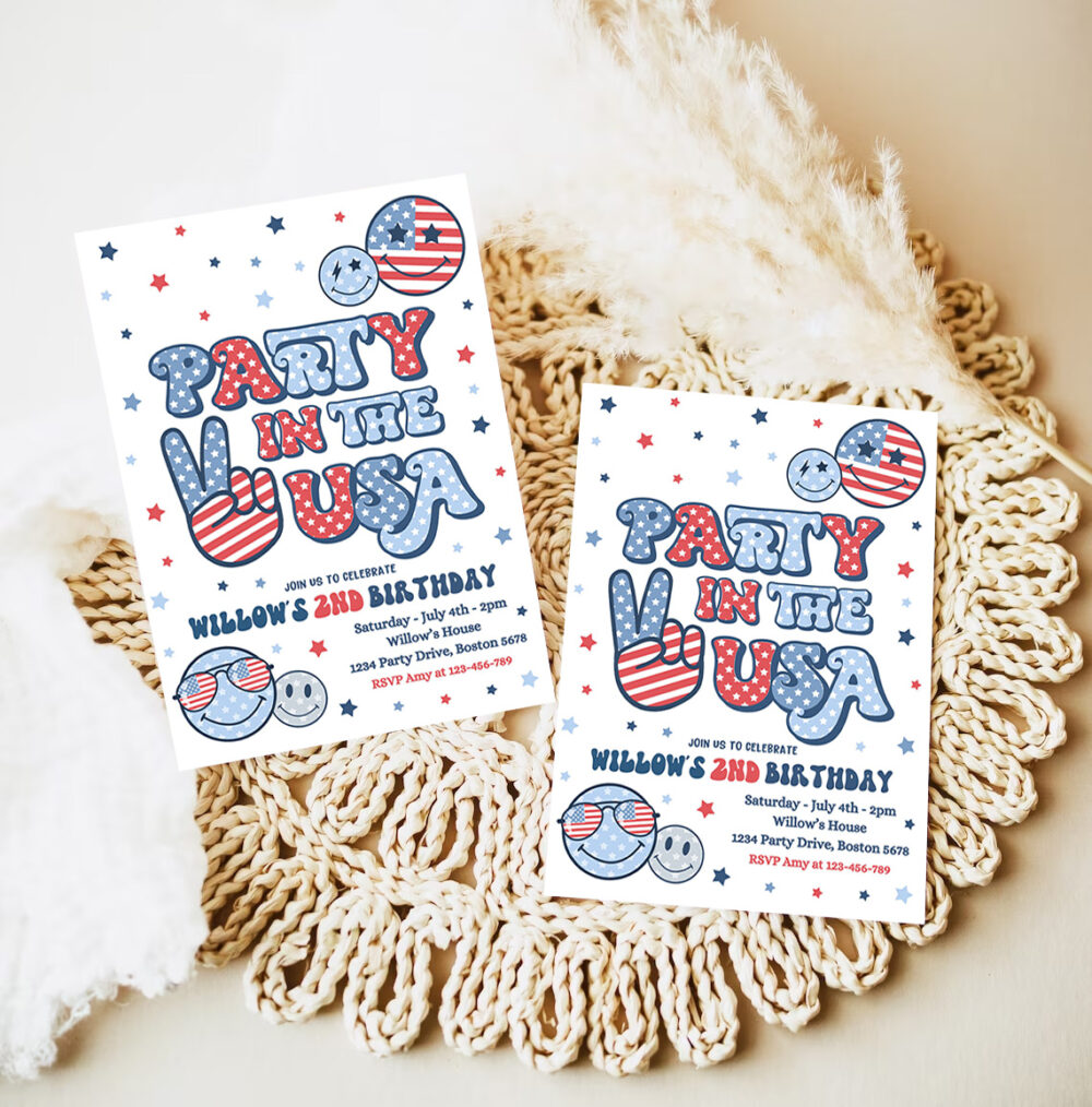 editable 4th of july birthday party invitation retro groovy party in the usa invite red white and groovy birthday party 7