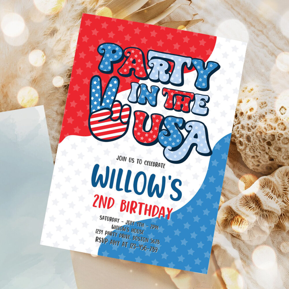 editable 4th of july birthday party invitation retro groovy party in the usa invite red white and groovy birthday party invitation 1