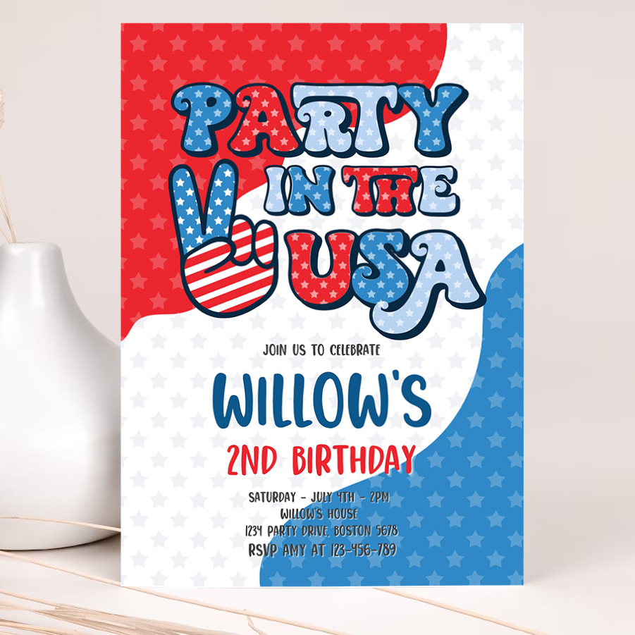 editable 4th of july birthday party invitation retro groovy party in the usa invite red white and groovy birthday party invitation 2