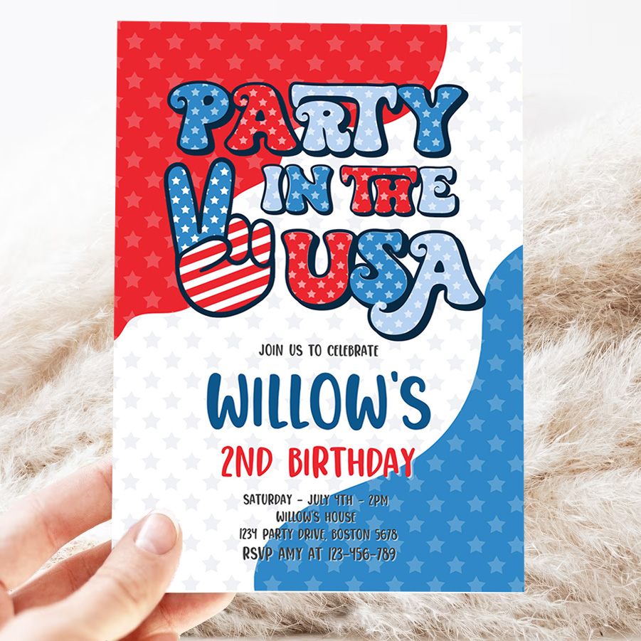 editable 4th of july birthday party invitation retro groovy party in the usa invite red white and groovy birthday party invitation 3