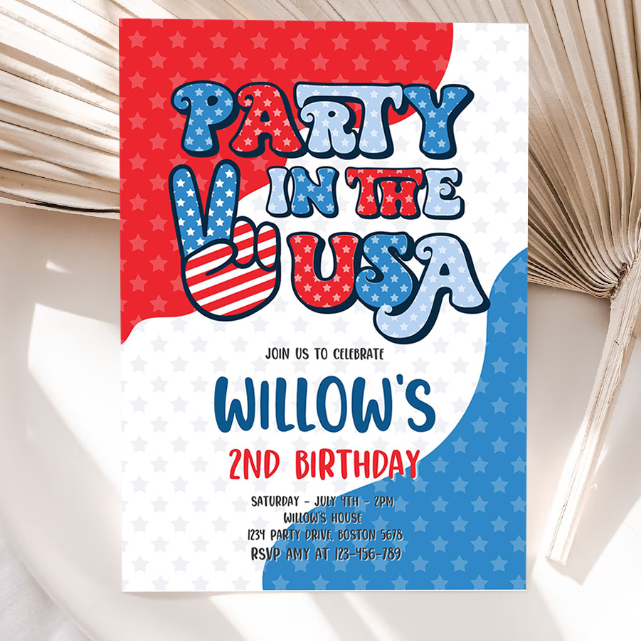 editable 4th of july birthday party invitation retro groovy party in the usa invite red white and groovy birthday party invitation 5