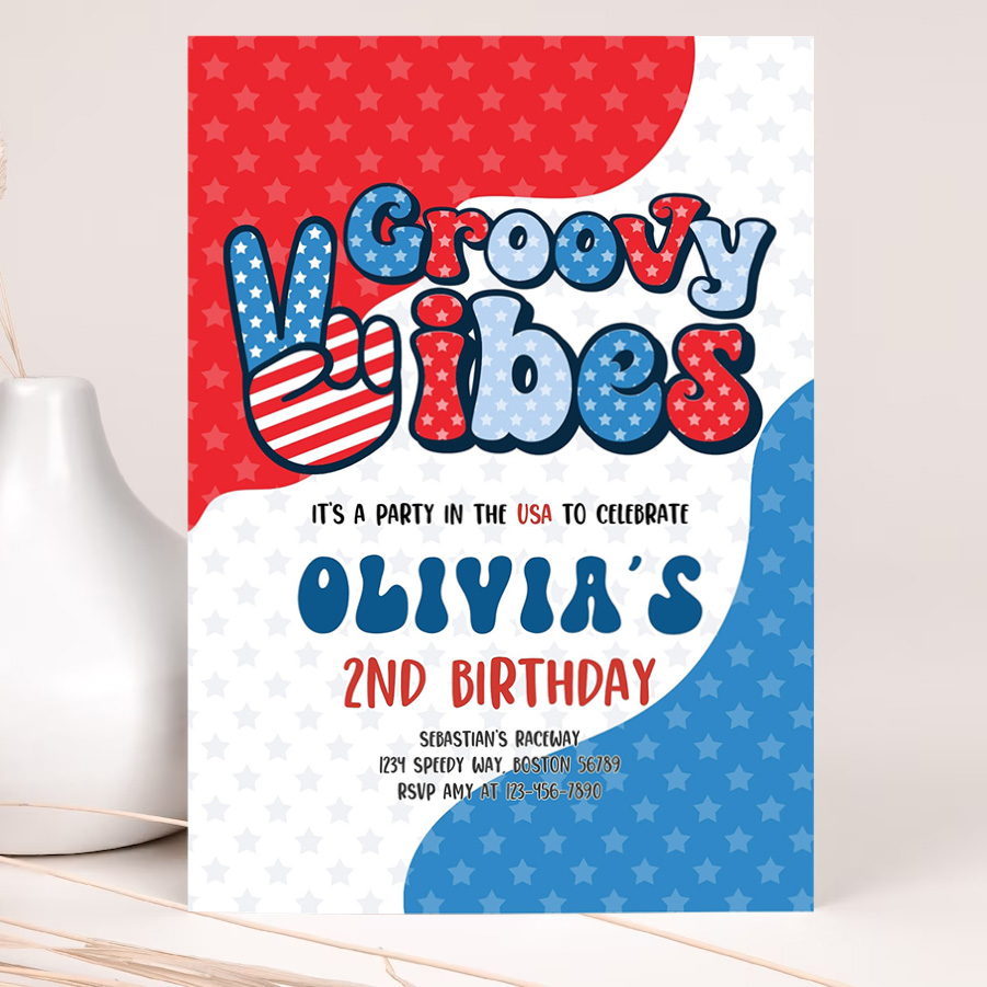 editable 4th of july birthday party invitation retro groovy vibes birthday party red white and groovy birthday party 2