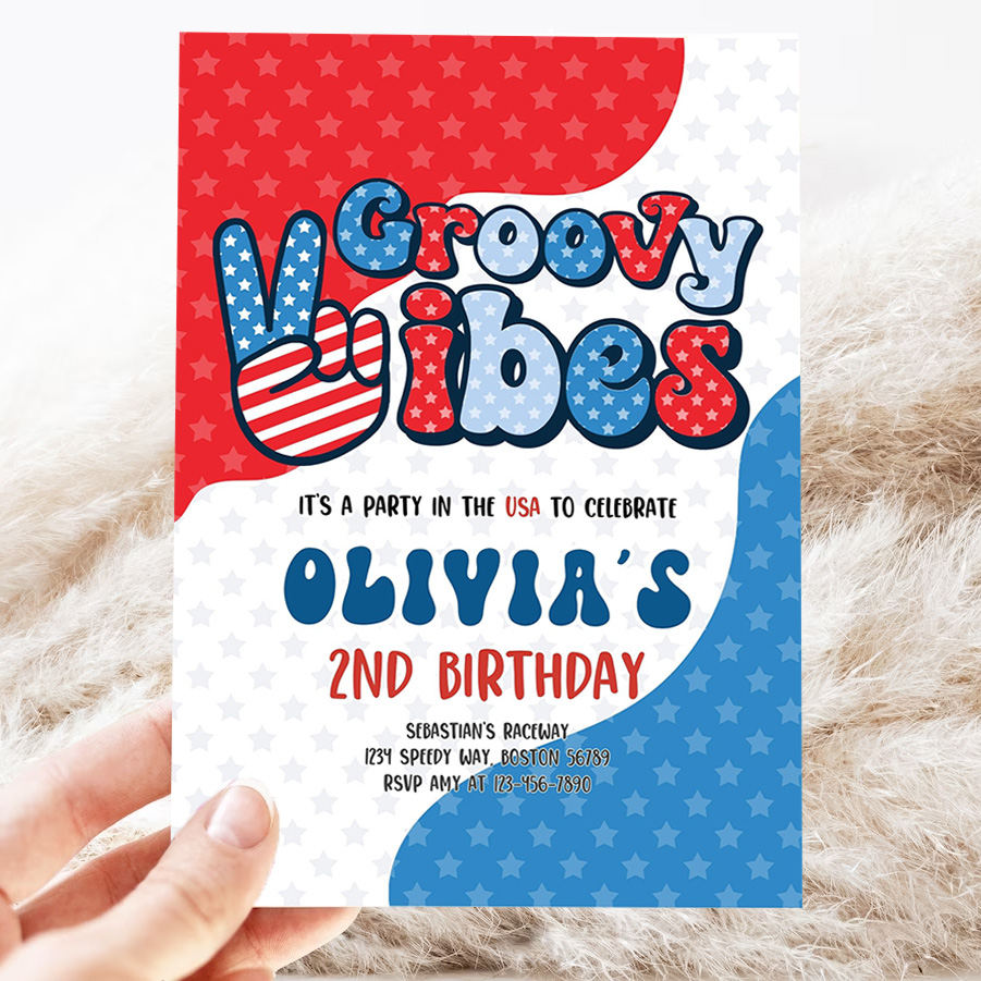 editable 4th of july birthday party invitation retro groovy vibes birthday party red white and groovy birthday party 3