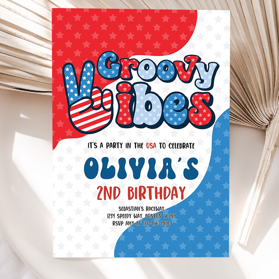 editable 4th of july birthday party invitation retro groovy vibes birthday party red white and groovy birthday party 5