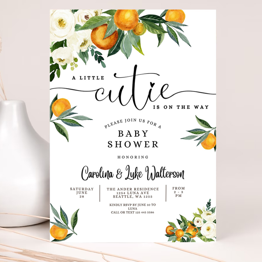 editable a little cutie is on the way greenery orange gender neutral baby shower invitation invites template 2