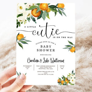 editable a little cutie is on the way greenery orange gender neutral baby shower invitation invites template 3