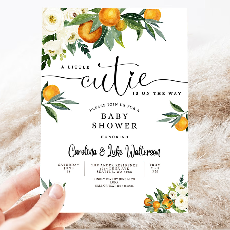 editable a little cutie is on the way greenery orange gender neutral baby shower invitation invites template 3