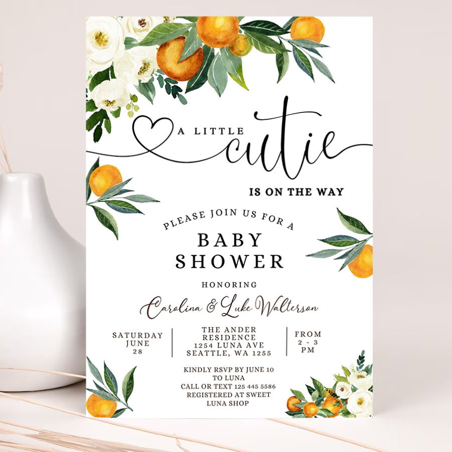 editable a little cutie is on the way greenery orange gender neutral couples baby shower invitation invites template 2