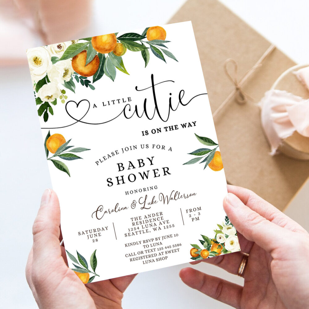 editable a little cutie is on the way greenery orange gender neutral couples baby shower invitation invites template 7