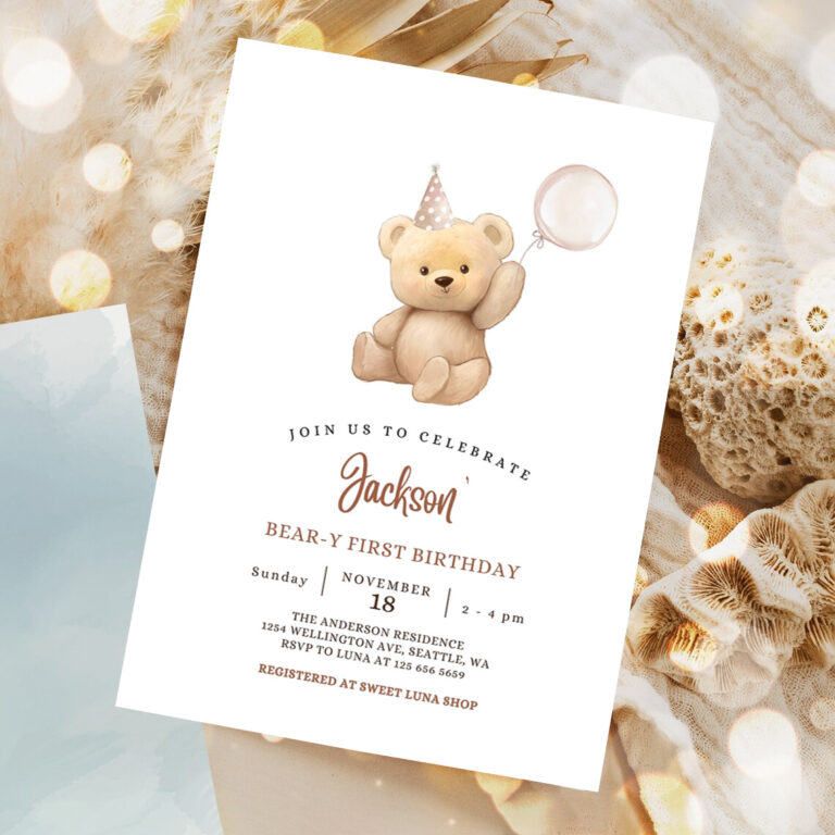 editable any age brown boy teddy bear birthday invitation balloon beary 1st birthday invite printable template 1