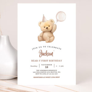 editable any age brown boy teddy bear birthday invitation balloon beary 1st birthday invite printable template 2