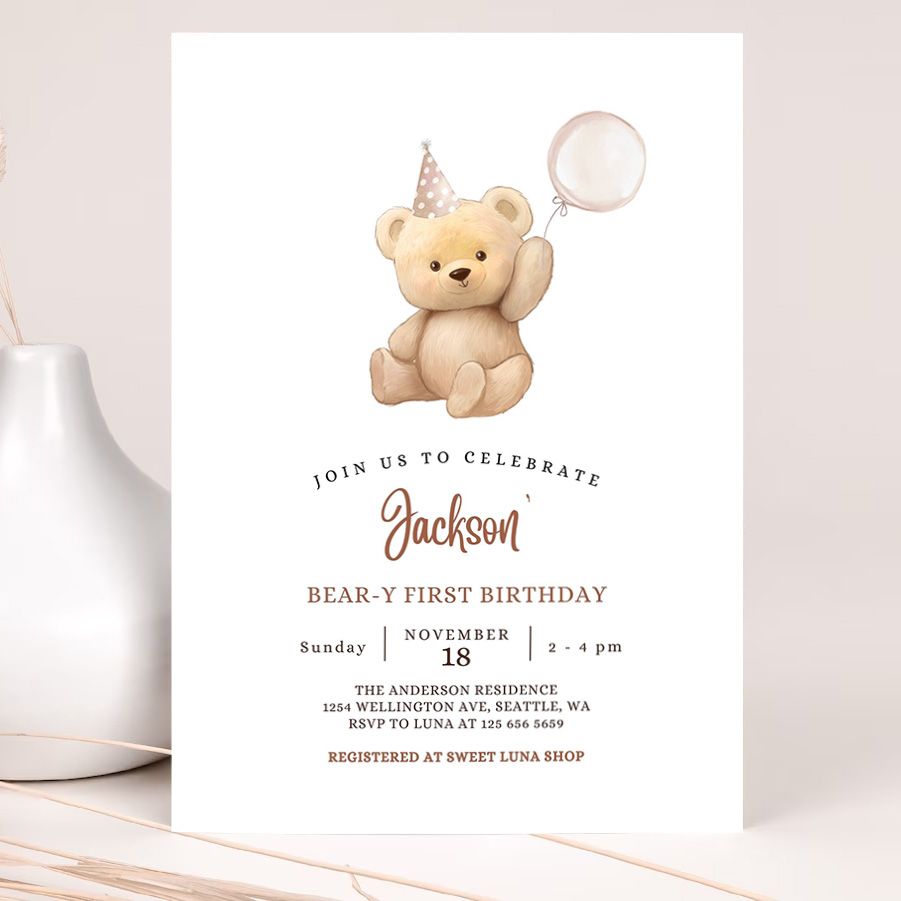 editable any age brown boy teddy bear birthday invitation balloon beary 1st birthday invite printable template 2