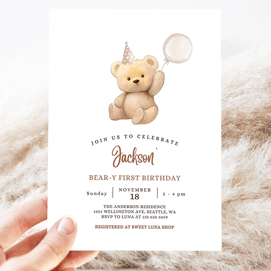 editable any age brown boy teddy bear birthday invitation balloon beary 1st birthday invite printable template 3