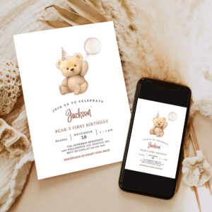 editable any age brown boy teddy bear birthday invitation balloon beary 1st birthday invite printable template 6