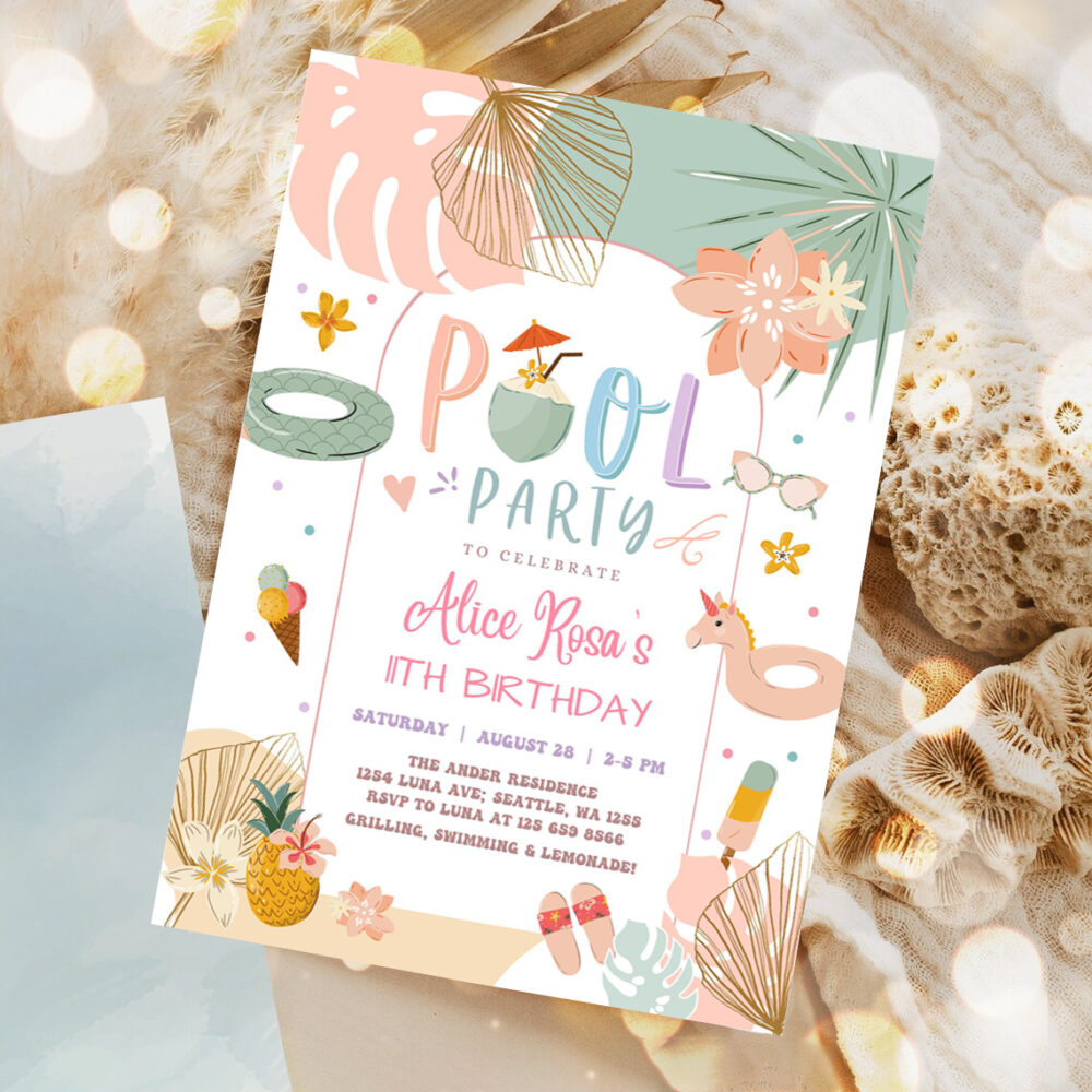 editable any age girl tropical pool party birthday invitation modern simple chic pool party birthday invite 1