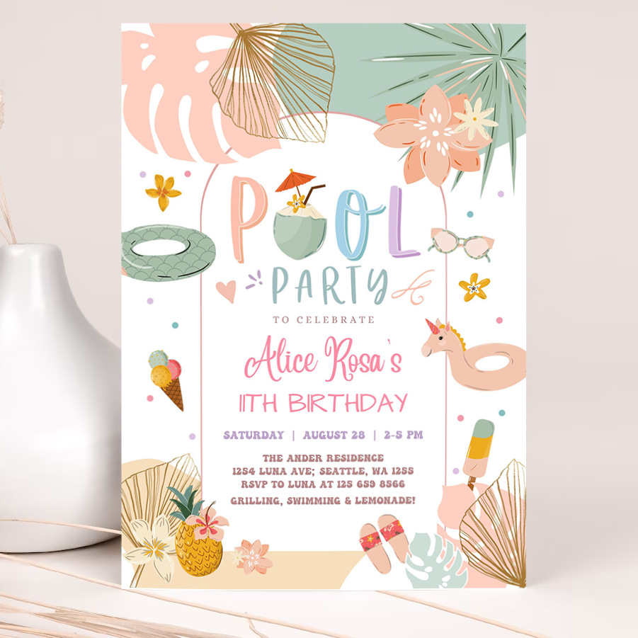 editable any age girl tropical pool party birthday invitation modern simple chic pool party birthday invite 2