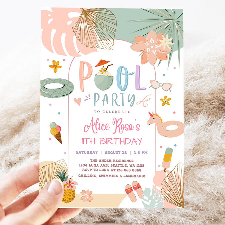 editable any age girl tropical pool party birthday invitation modern simple chic pool party birthday invite 3