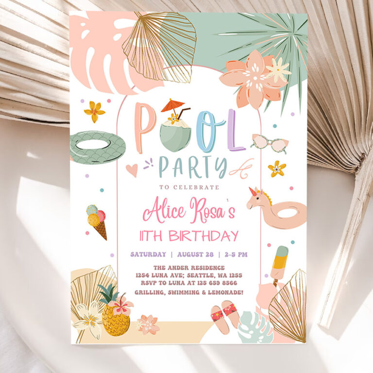 editable any age girl tropical pool party birthday invitation modern simple chic pool party birthday invite 5