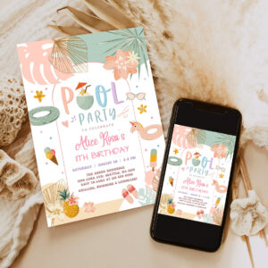 editable any age girl tropical pool party birthday invitation modern simple chic pool party birthday invite 6