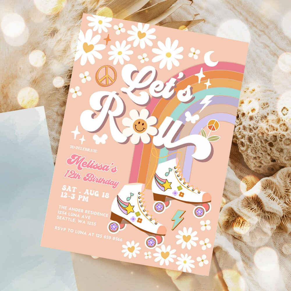 editable any age lets roll retro groovy roller skate birthday party invitation daisy rainbow birthday invite 1