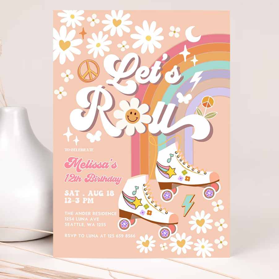 editable any age lets roll retro groovy roller skate birthday party invitation daisy rainbow birthday invite 2