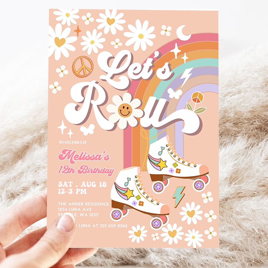editable any age lets roll retro groovy roller skate birthday party invitation daisy rainbow birthday invite 3