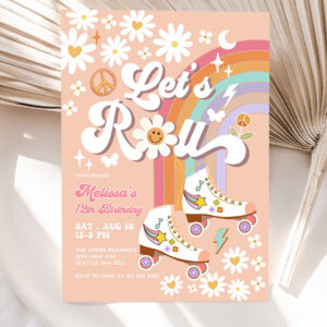 editable any age lets roll retro groovy roller skate birthday party invitation daisy rainbow birthday invite 5