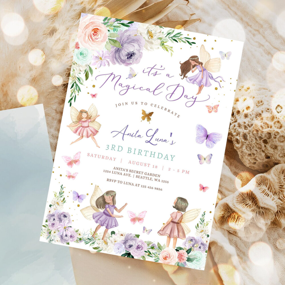 editable any age purple pink fairy birthday invitation butterfly magical wildflower fairy fairy birthday invite 1