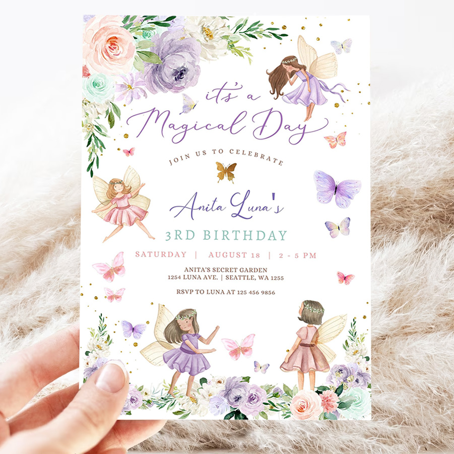 editable any age purple pink fairy birthday invitation butterfly magical wildflower fairy fairy birthday invite 3