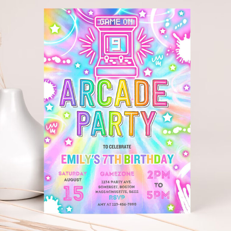 editable arcade party birthday invitation tie dye neon video gaming arcade birthday party neon glow gaming party 2