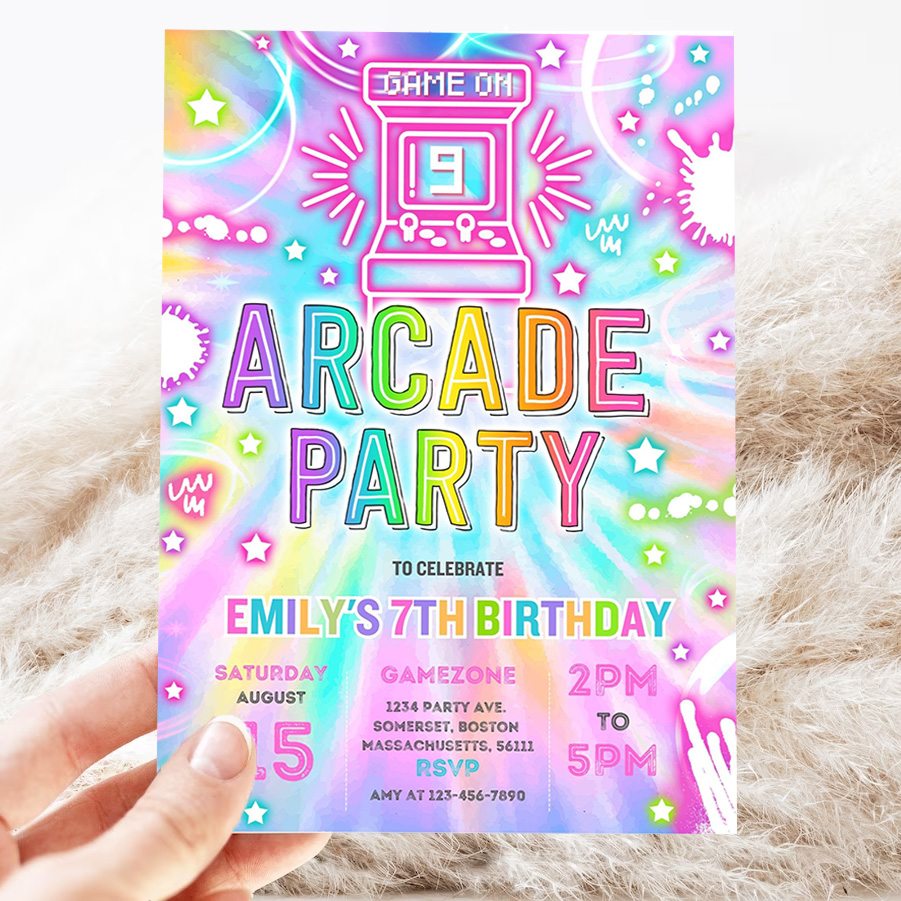 editable arcade party birthday invitation tie dye neon video gaming arcade birthday party neon glow gaming party 3