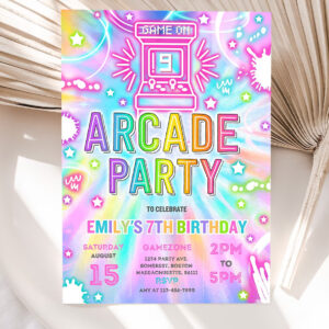 editable arcade party birthday invitation tie dye neon video gaming arcade birthday party neon glow gaming party 5