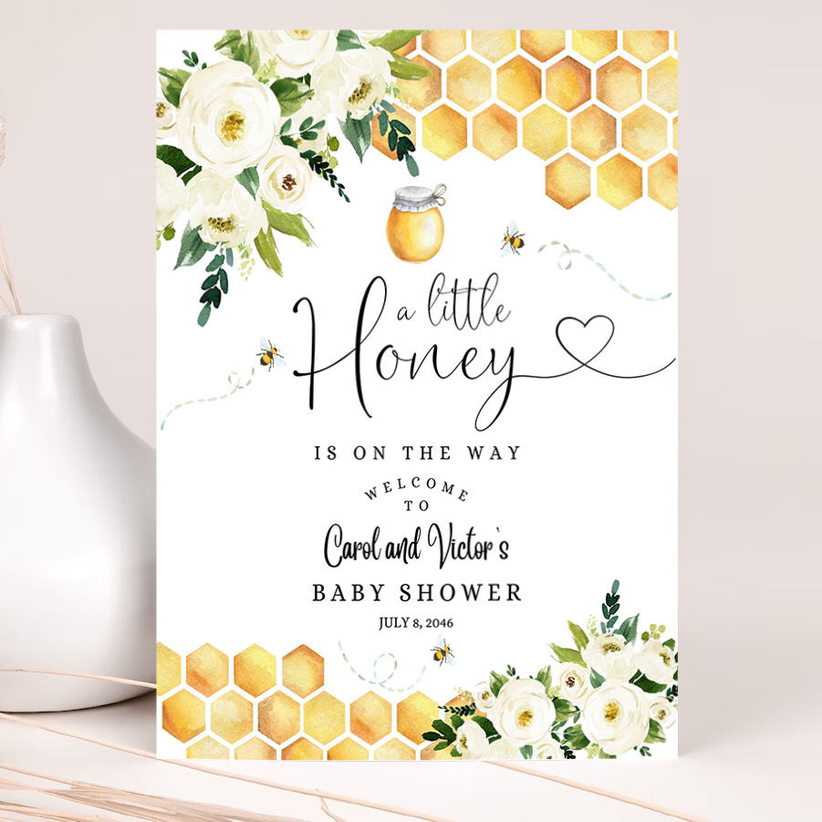 editable bee a little honey baby shower baby sprinkle welcome sign yard sign 24x36 18x24 16x20 printable template 2