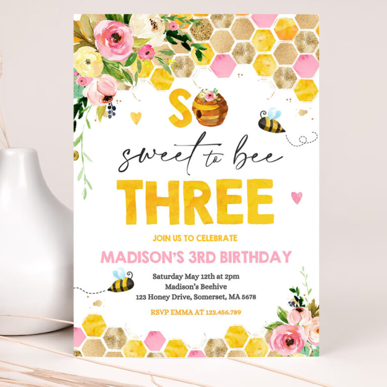 editable bee birthday invitation honey bee birthday pink yellow floral bumble bee party so sweet to bee three party 2