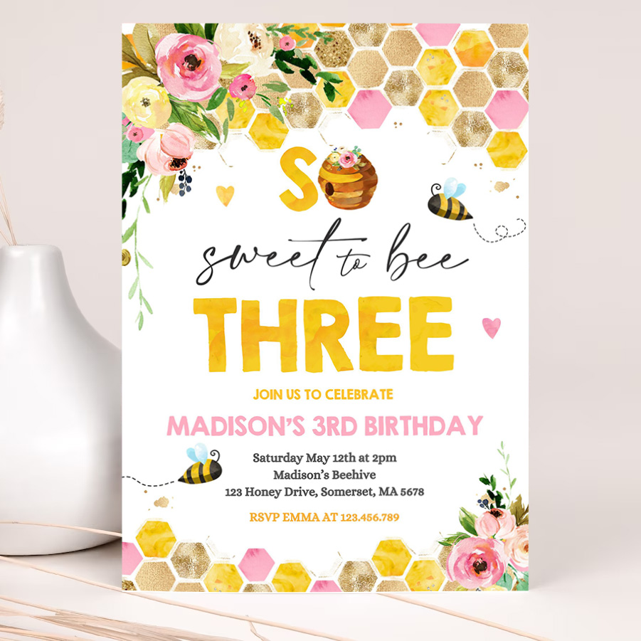 editable bee birthday invitation honey bee birthday pink yellow floral bumble bee party so sweet to bee three party 2