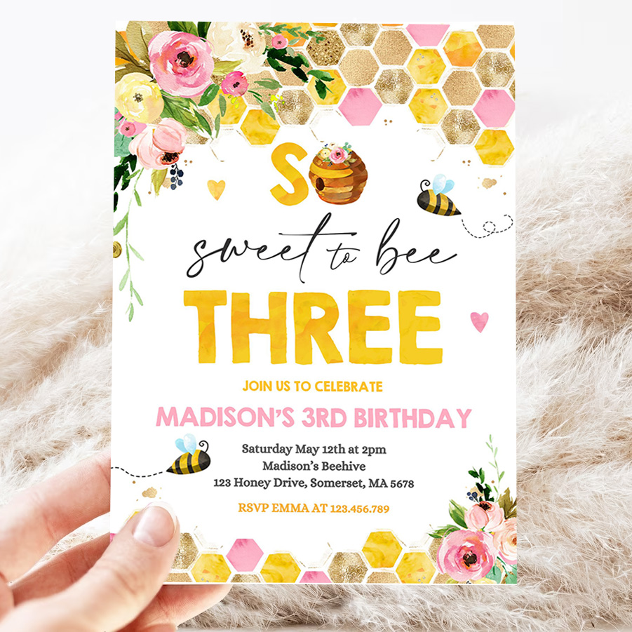 editable bee birthday invitation honey bee birthday pink yellow floral bumble bee party so sweet to bee three party 3