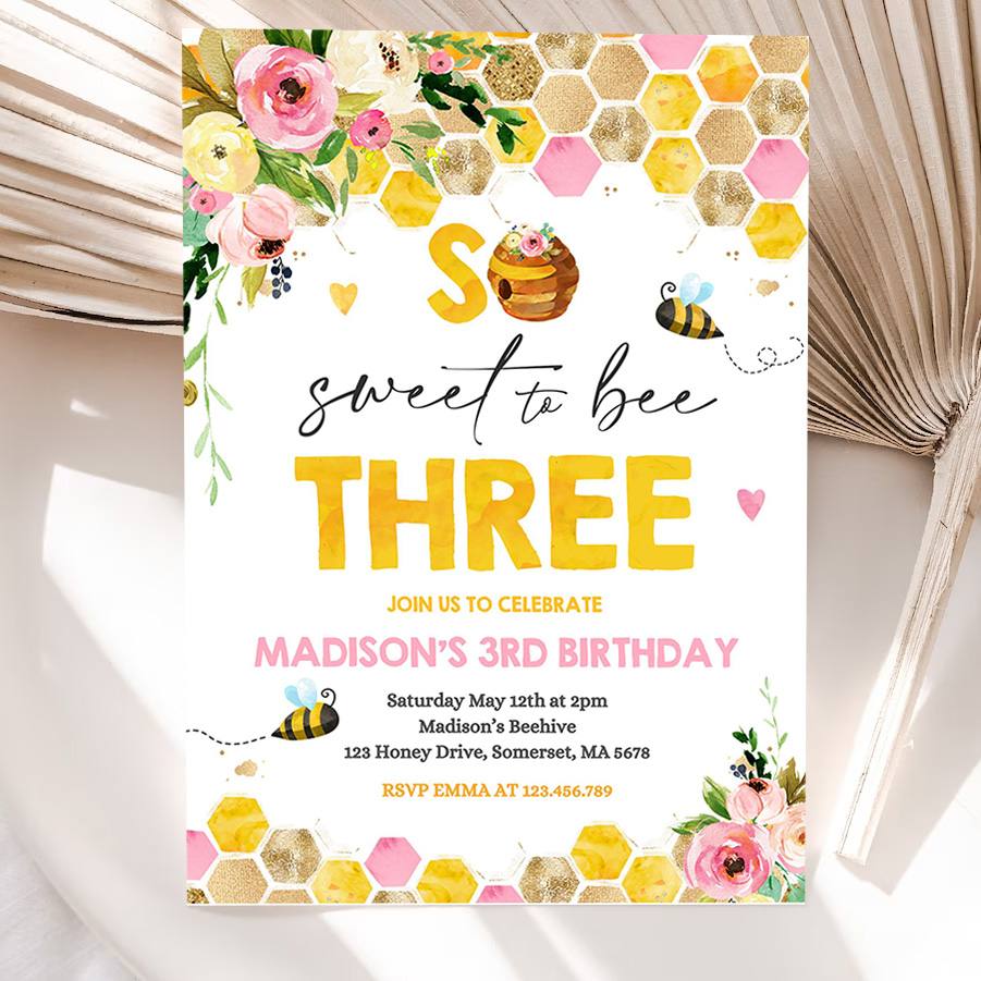 editable bee birthday invitation honey bee birthday pink yellow floral bumble bee party so sweet to bee three party 5