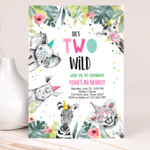 editable birthday invitation girl two wild animals invite pink and gold safari zoo invitation 2