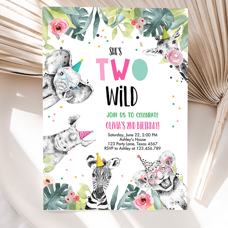 editable birthday invitation girl two wild animals invite pink and gold safari zoo invitation 5