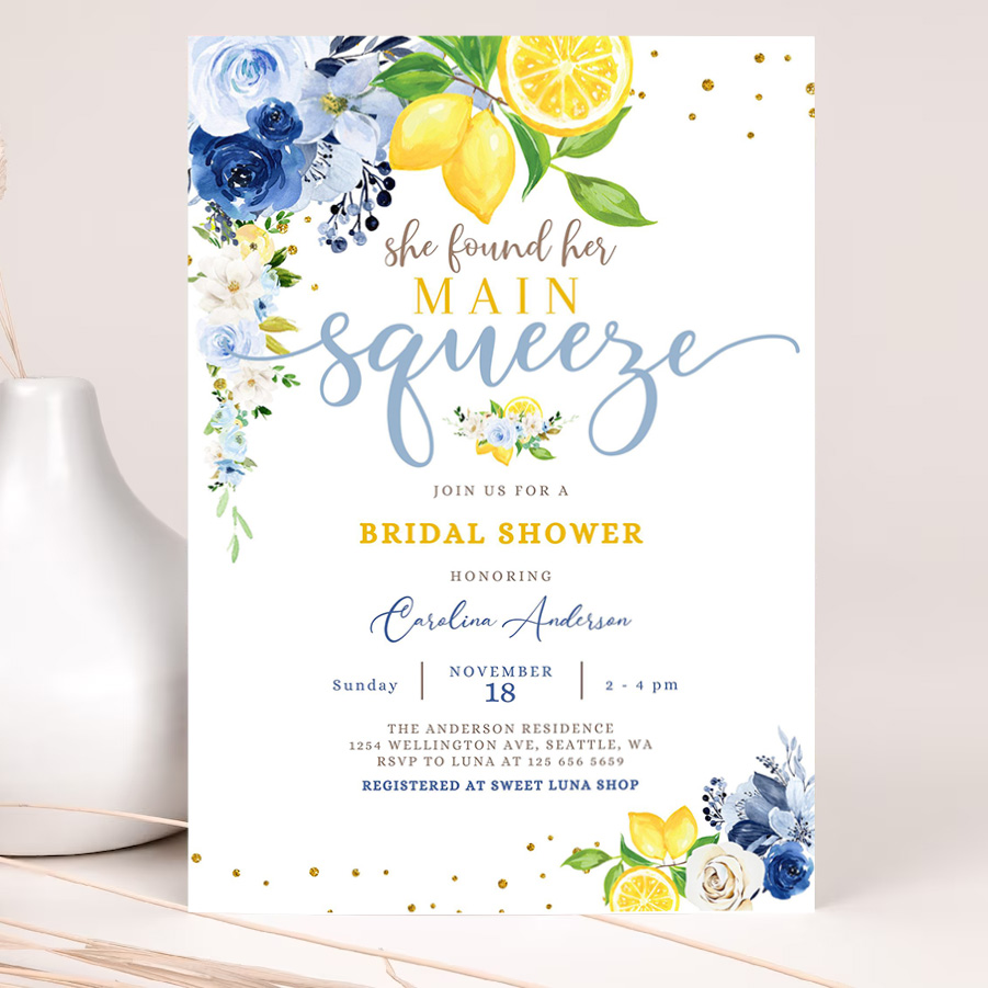 editable blue lemon bridal shower invitation blue floral citrus she found her main squeeze invite template 2