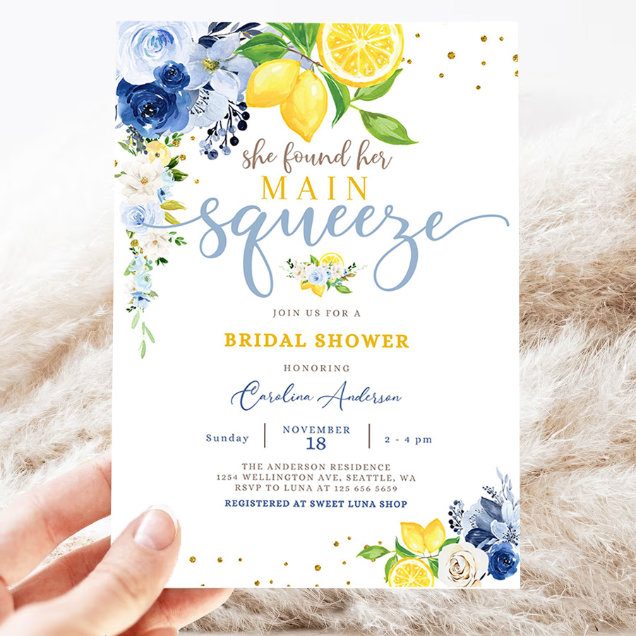 editable blue lemon bridal shower invitation blue floral citrus she found her main squeeze invite template 3